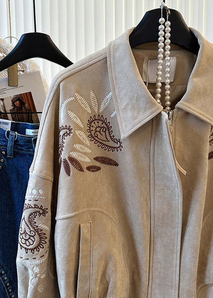 Elegantes chaquetas de algodón con bolsillos bordados color caqui para primavera