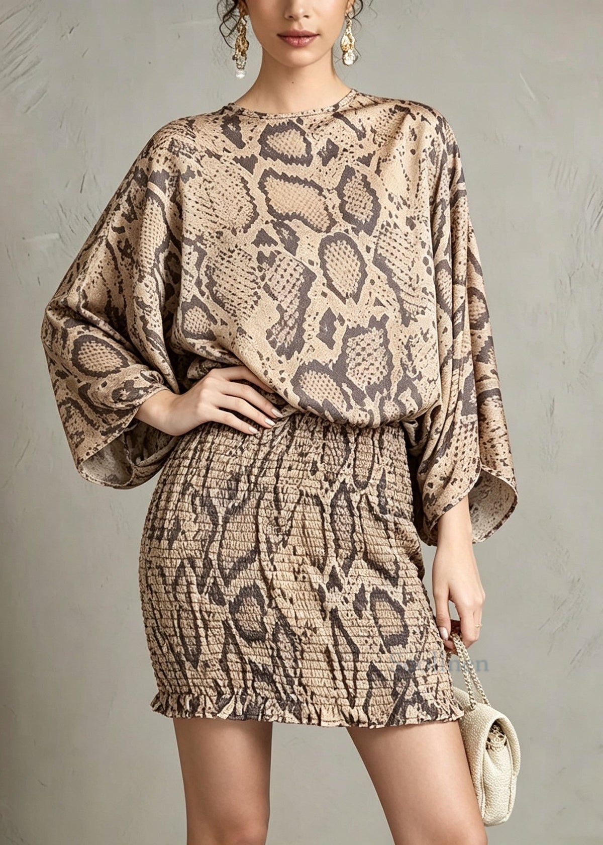 Elegant Khaki O Neck Leopard Print Chiffon Dress Batwing Sleeve