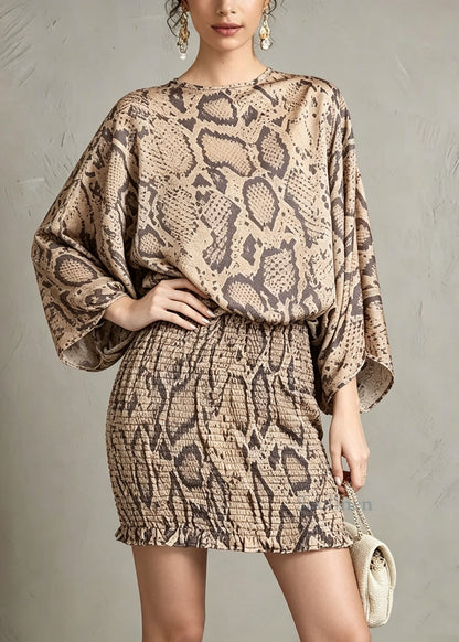Elegant Khaki O Neck Leopard Print Chiffon Dress Batwing Sleeve