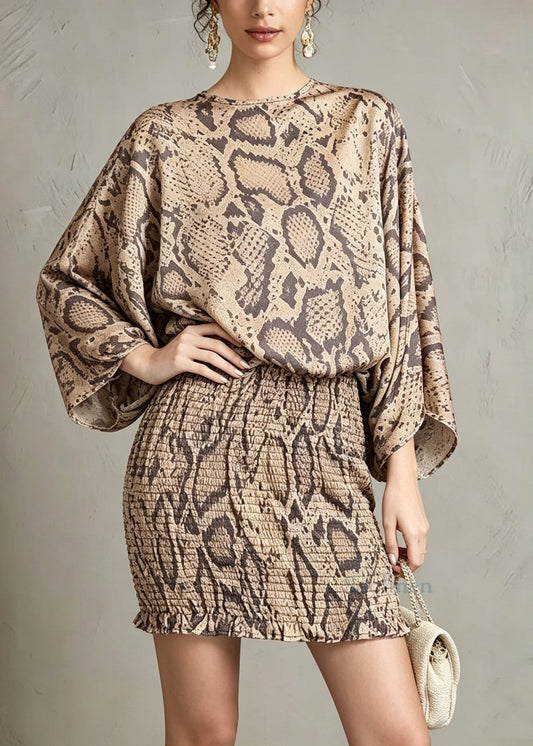 Elegant Khaki O Neck Leopard Print Chiffon Dress Batwing Sleeve