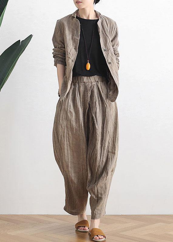 Elegant Khaki Peter Pan Collar  Spring Outwear - SooLinen