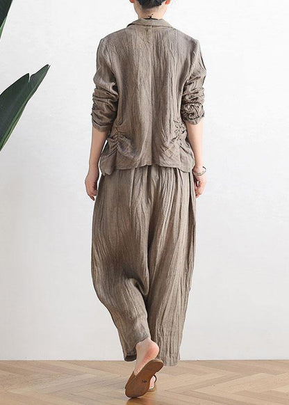 Elegant Khaki Peter Pan Collar  Spring Outwear - SooLinen