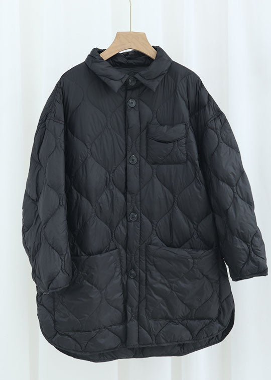 Eleganter Khaki PeterPan Kragen Taschen Knopf Winter Entendaunenmantel