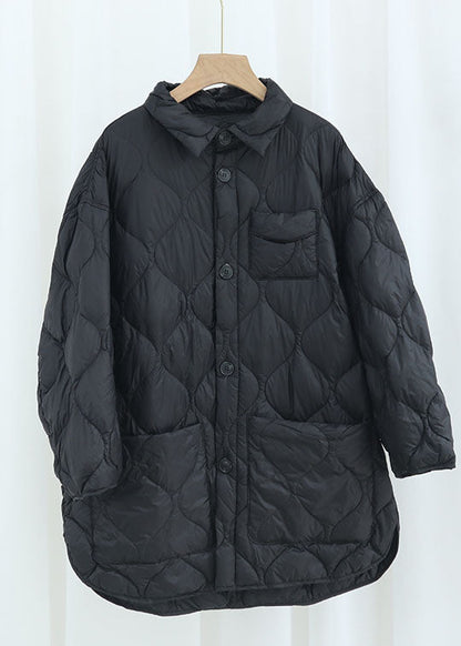 Eleganter Khaki PeterPan Kragen Taschen Knopf Winter Entendaunenmantel