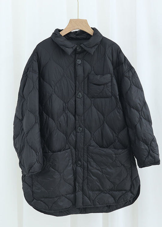 Eleganter Khaki PeterPan Kragen Taschen Knopf Winter Entendaunenmantel