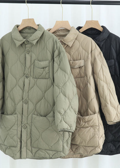 Eleganter Khaki PeterPan Kragen Taschen Knopf Winter Entendaunenmantel