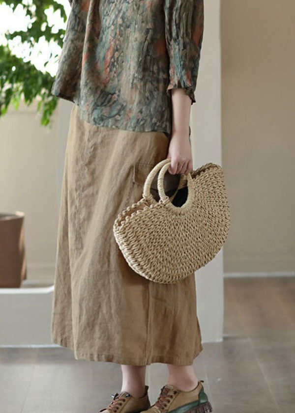 Elegante Khaki Taschen Patchwork Baumwolle A Linie Röcke Sommer