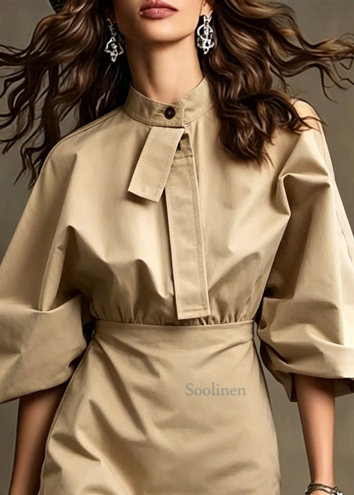 Elegant Khaki Stand Collar Cotton Day Dress Fall