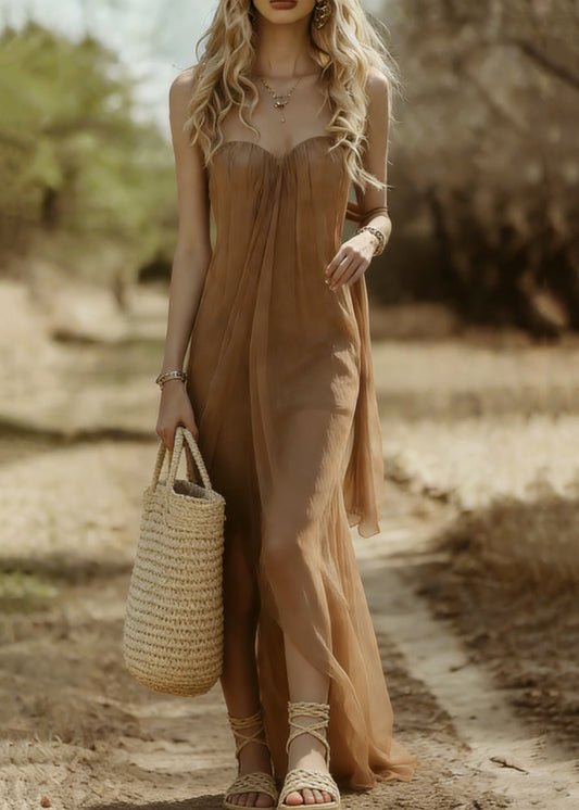 Elegant Khaki Strapless Solid Tulle Long Dresses Sleeveless