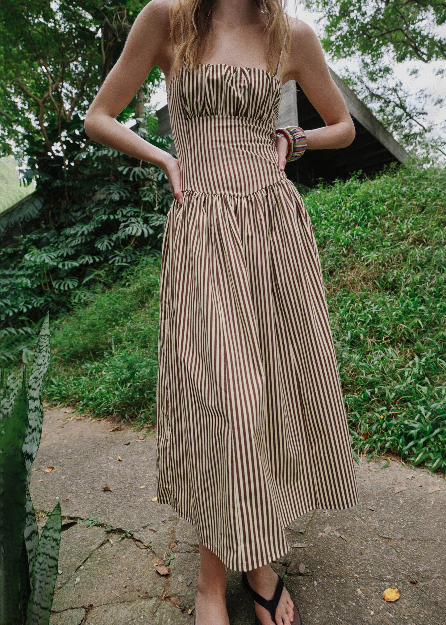 Elegant Khaki Striped Cotton Spaghetti Strap Dress Summer
