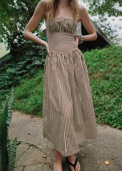 Elegant Khaki Striped Cotton Spaghetti Strap Dress Summer