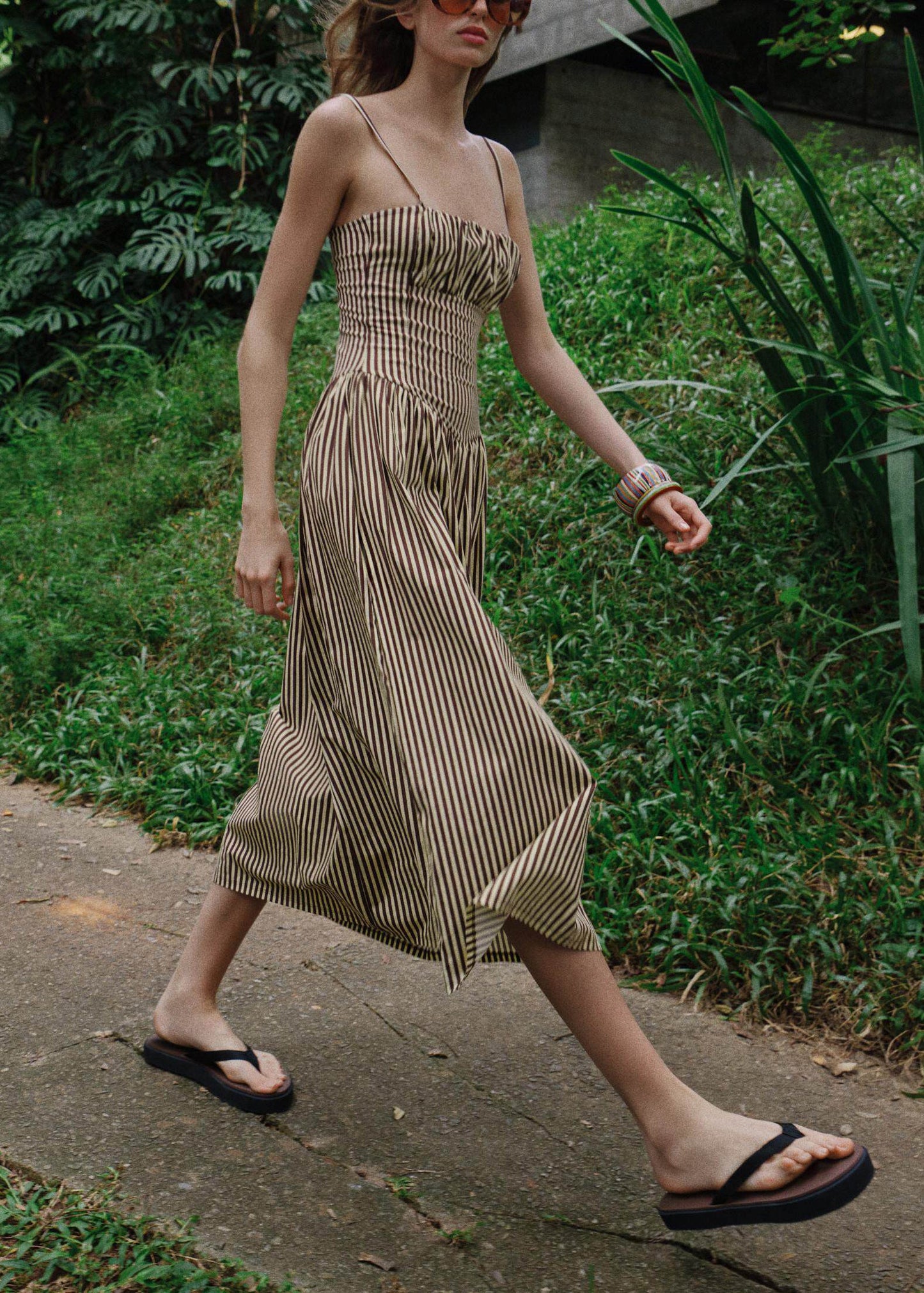 Elegant Khaki Striped Cotton Spaghetti Strap Dress Summer