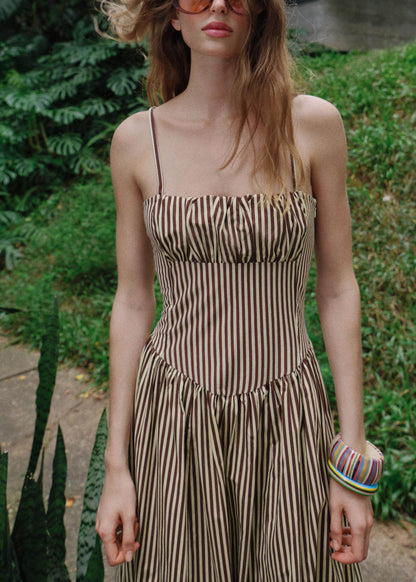 Elegant Khaki Striped Cotton Spaghetti Strap Dress Summer