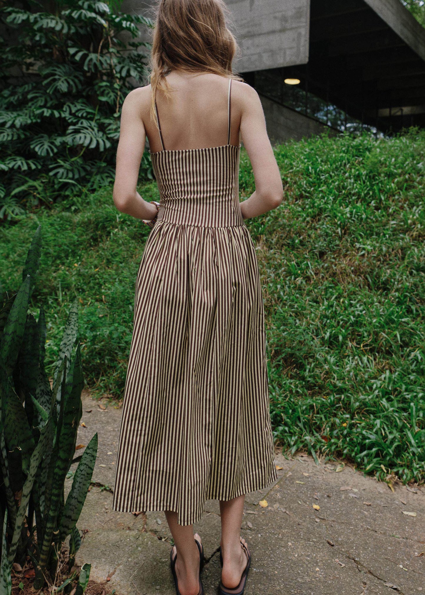 Elegant Khaki Striped Cotton Spaghetti Strap Dress Summer
