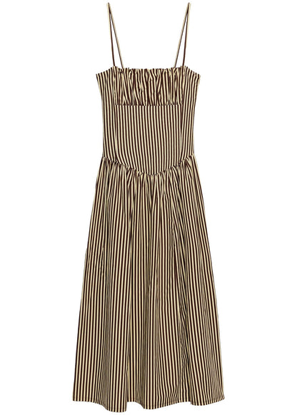Elegant Khaki Striped Cotton Spaghetti Strap Dress Summer