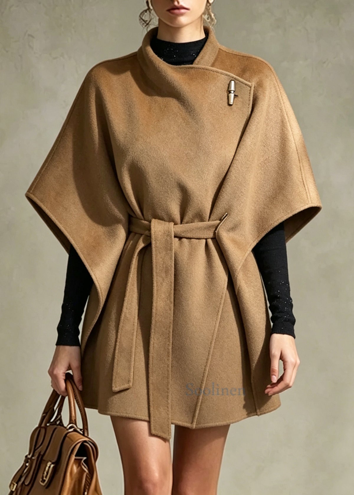 Elegant Khaki Tunic Woolen Coat Batwing Sleeve
