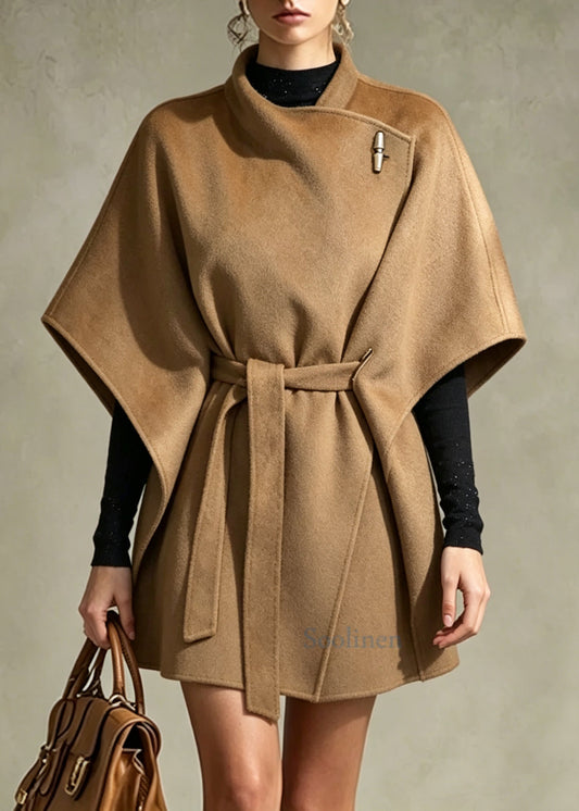 Elegant Khaki Tunic Woolen Coat Batwing Sleeve