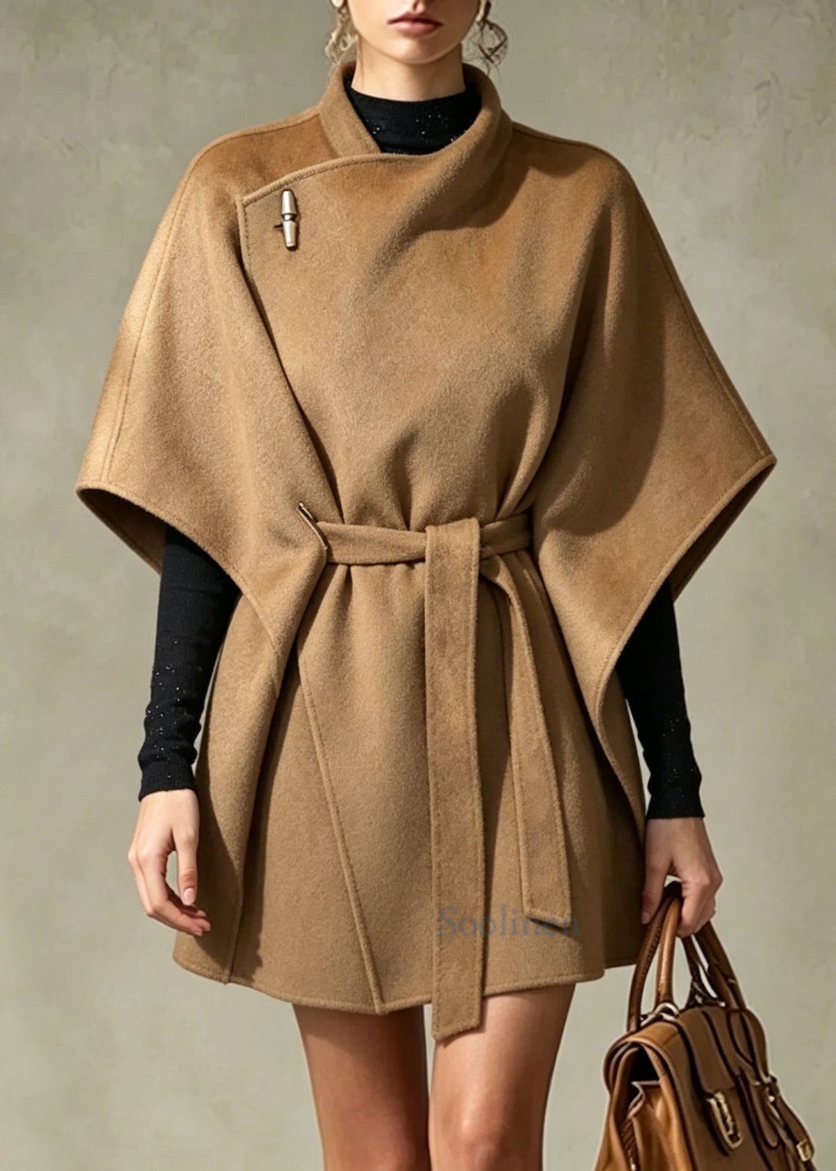 Elegant Khaki Tunic Woolen Coat Batwing Sleeve