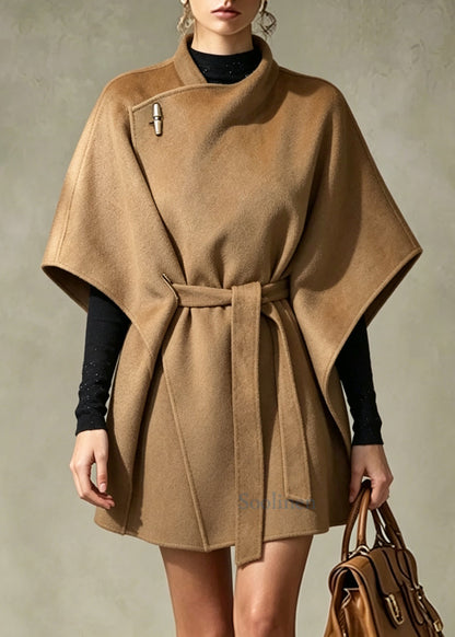 Elegant Khaki Tunic Woolen Coat Batwing Sleeve