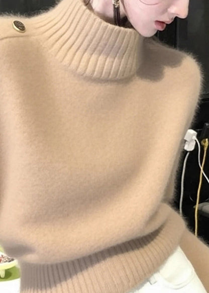 Suéteres de punto elegantes de cuello alto de color caqui y acogedores para invierno