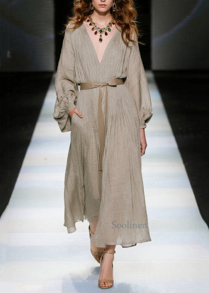 Elegante lange Baumwollkleider in Khaki mit V-Ausschnitt und Bindegürtel für den Frühling