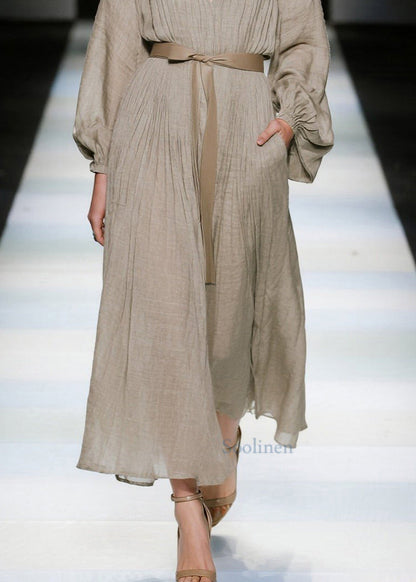 Elegante lange Baumwollkleider in Khaki mit V-Ausschnitt und Bindegürtel für den Frühling