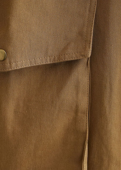 Elegant Khaki Zip Up Pockets Cotton Spring Coat