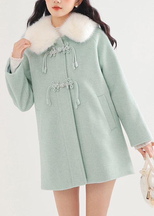 Elegant Lake Green Fur Collar Oversized Woolen Coat Winter