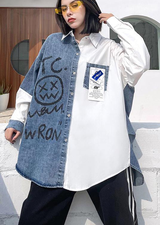 Elegant Letter Tunics For Women Lapel Patchwork Knee Spring Blouses - SooLinen