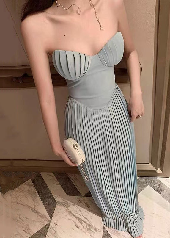 Elegant Light Blue Cold Shoulder Wrinkled Solid Cotton Party Dress Sleeveless