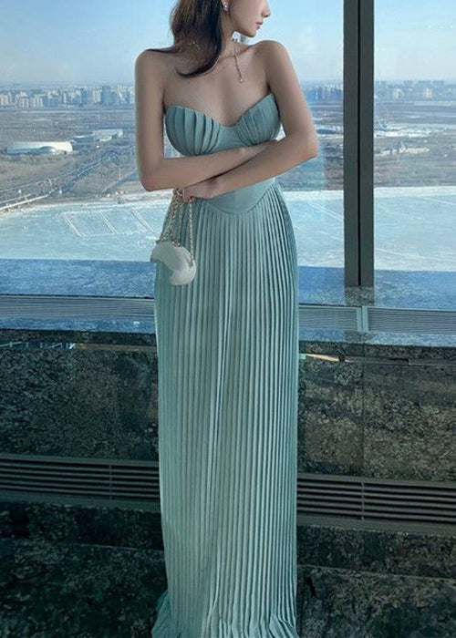 Elegant Light Blue Cold Shoulder Wrinkled Solid Cotton Party Dress Sleeveless