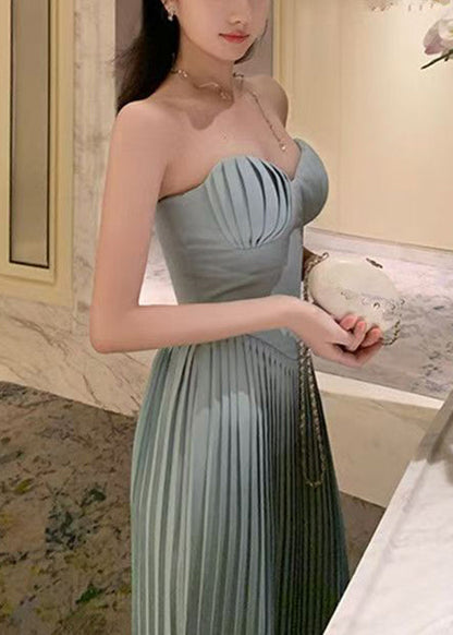 Elegant Light Blue Cold Shoulder Wrinkled Solid Cotton Party Dress Sleeveless