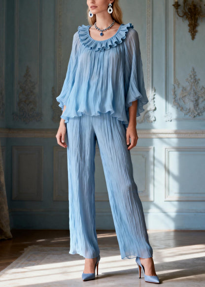 Elegant Light Blue O-Neck Love Heart Ruffled Solid Two Pieces Set Lantern Sleeve