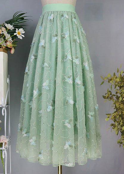 Elegante Hellgrün Schmetterling Bestickt Hohe Taille Tüll Maxi Röcke Frühling