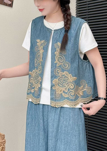 Elegant Light Green Embroideried Denim Vests Summer