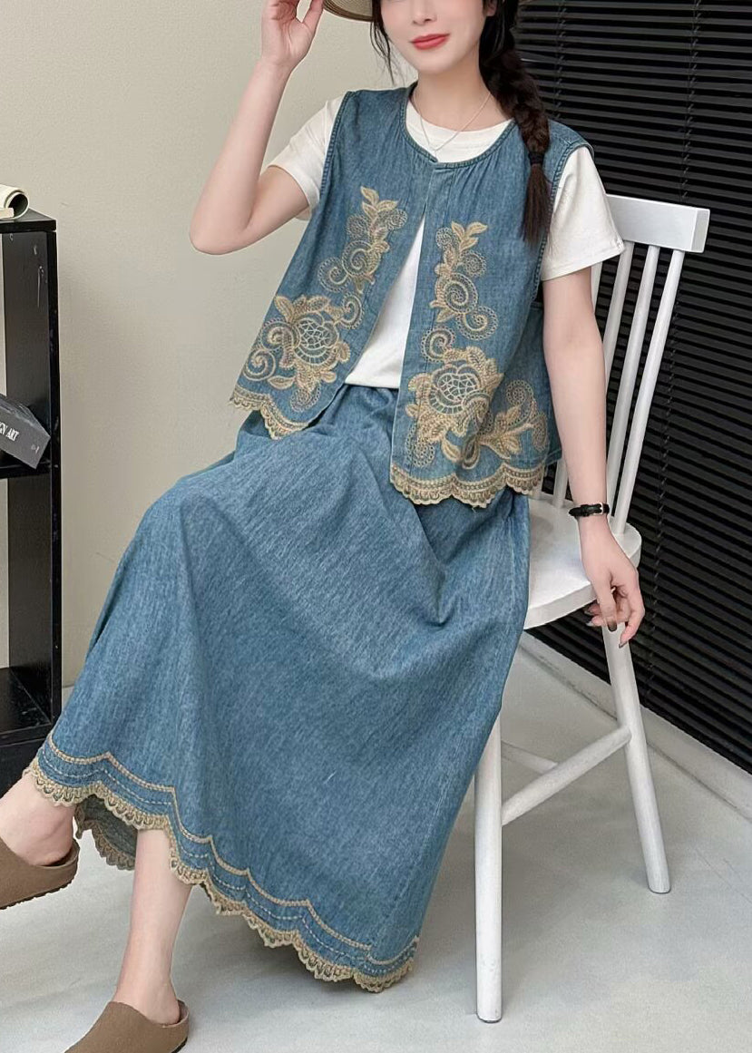 Elegant Light Green Embroideried Denim Vests Summer