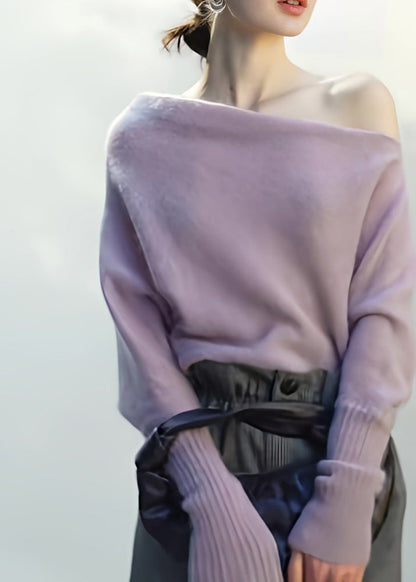 Elegant Light Purple Cold Shoulder Knit Shirts Top Fall
