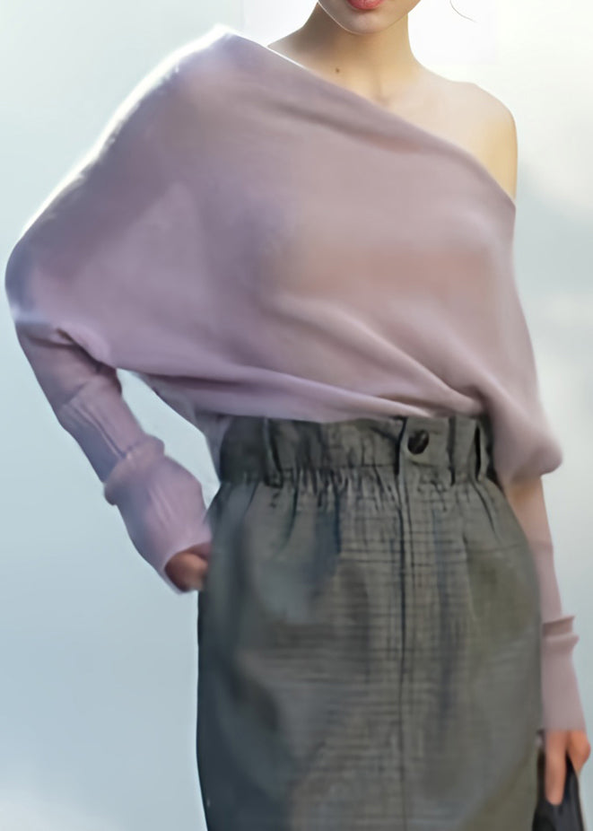 Elegant Light Purple Cold Shoulder Knit Shirts Top Fall