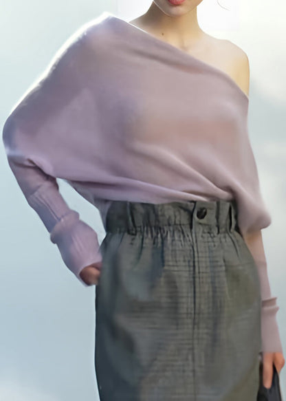 Elegant Light Purple Cold Shoulder Knit Shirts Top Fall