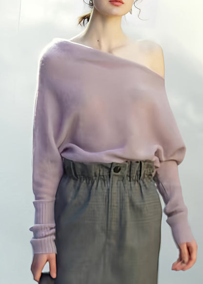 Elegant Light Purple Cold Shoulder Knit Shirts Top Fall