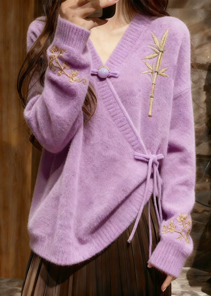 Elegante hellviolette Baumwollstrickpullover mit V-Ausschnitt und Bindegürtel für den Herbst