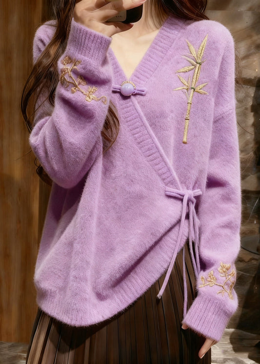 Elegant Light Purple V Neck Tie Waist Cotton Knit Sweaters Tops Fall