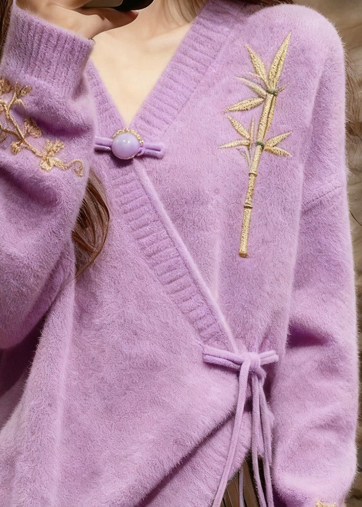 Elegante hellviolette Baumwollstrickpullover mit V-Ausschnitt und Bindegürtel für den Herbst