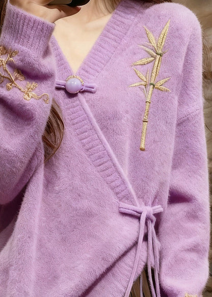 Elegante hellviolette Baumwollstrickpullover mit V-Ausschnitt und Bindegürtel für den Herbst