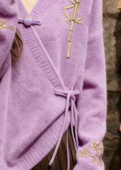 Elegante hellviolette Baumwollstrickpullover mit V-Ausschnitt und Bindegürtel für den Herbst