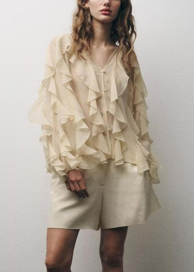 Elegant Light Yellow Ruffles Chiffon UPF 50+ Shirt Summer