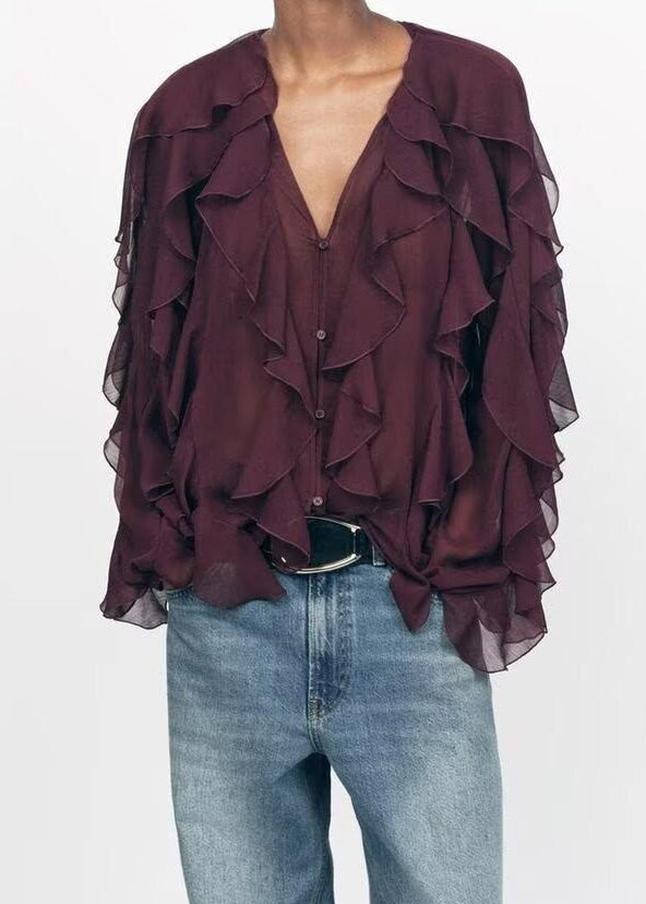 Elegant Light Yellow Ruffles Chiffon UPF 50+ Shirt Summer