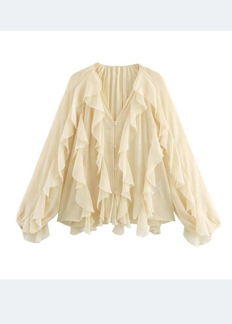 Elegant Light Yellow Ruffles Chiffon UPF 50+ Shirt Summer