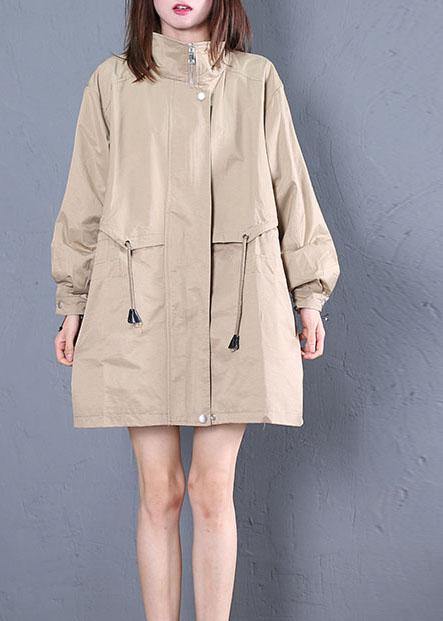 Elegant Loose fitting medium length jackets fall khaki drawstring coats - SooLinen