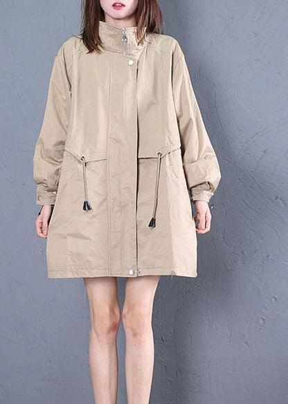 Elegant Loose fitting medium length jackets fall khaki drawstring coats - SooLinen